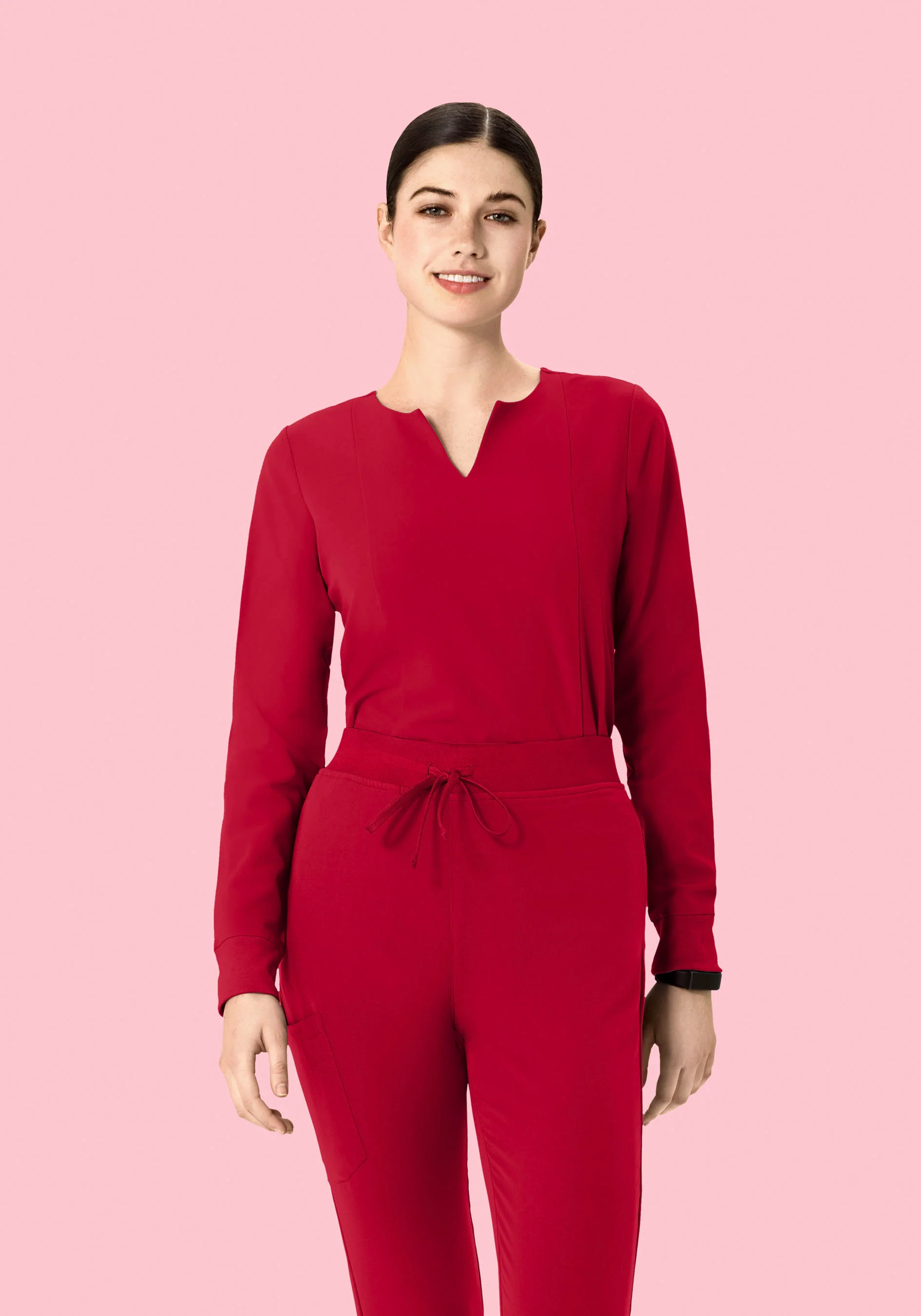 Long Sleeve Notch Neck Top Crimson - Image 2