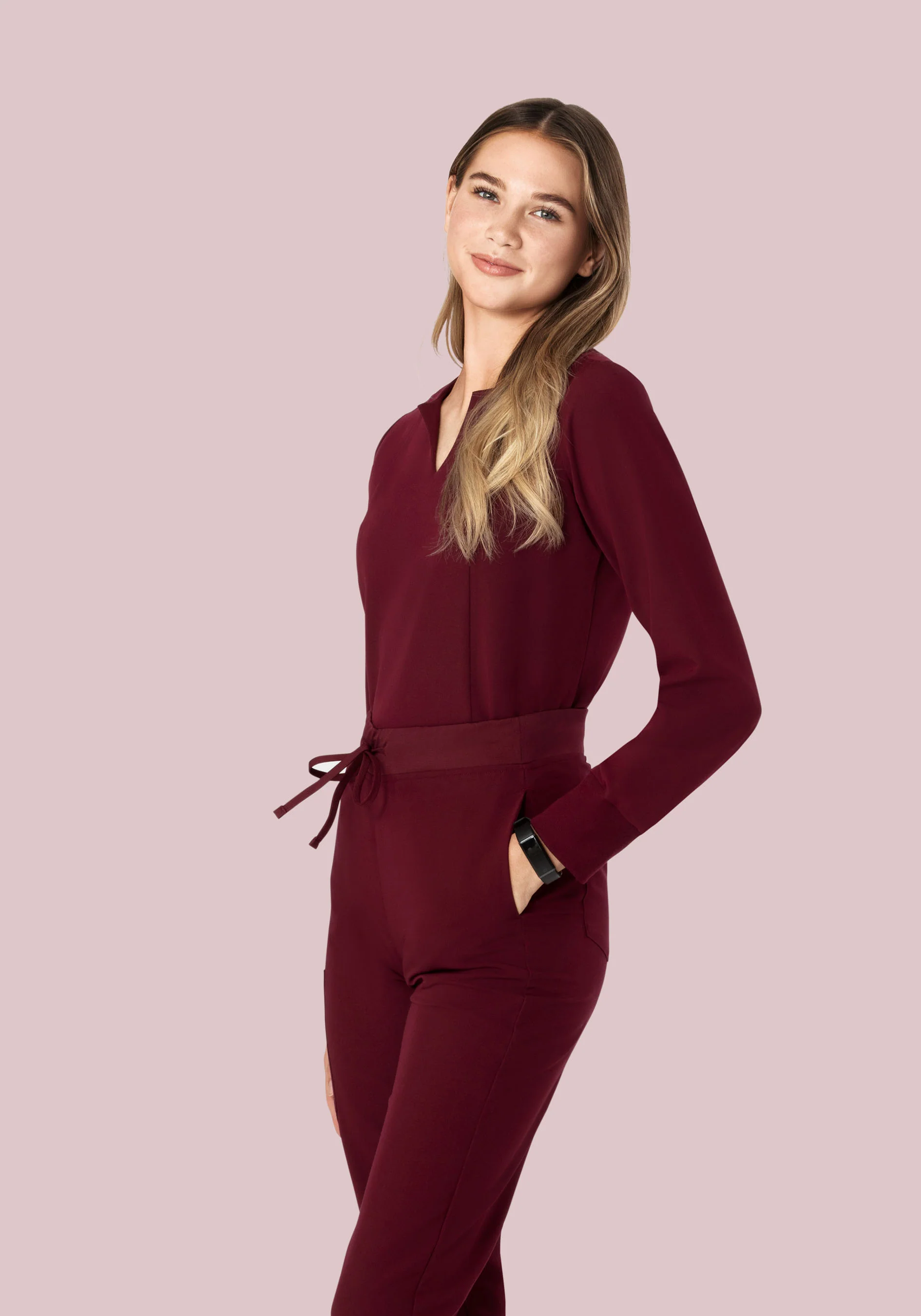 Long Sleeve Notch Neck Top Wine - Image 2
